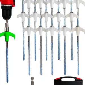20 Pack Screw in Tent Stakes Heavy Duty,8 ’’ Ground Anchors Screw in,Metal Stakes with Hex Head Driver and Sturdy Storage Box. (20, Luminous White)-0