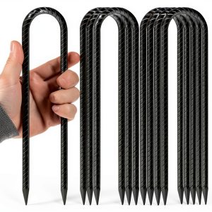 12 Inch U Shaped Trampoline Stakes 8 Pack, 5/16" Diameter Heavy Duty Steel Wind Resistant Rebar Stakes, Black E-Coated Anti-Rust Ground Stakes for Trampoline, Swing Set, Bounce House Safety-0